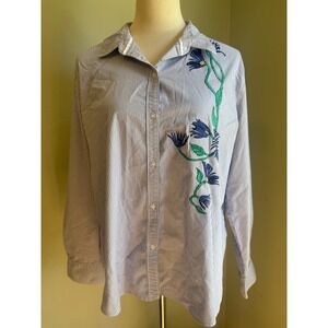 Whismi dainty cottage Blue White Striped Floral Embroidered Button boho Shirt XL
